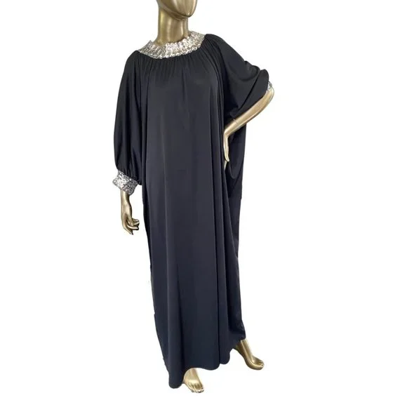 Vintage GLAM 70s Caftan Sequin Trimmed Maxi Dress 1970s Lounge Wear S-M-L - Picture 3 of 11